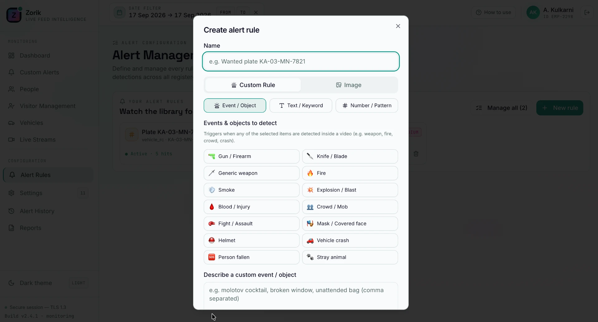 Zorik create alert rule dialog with event, object, image, keyword and pattern detection options