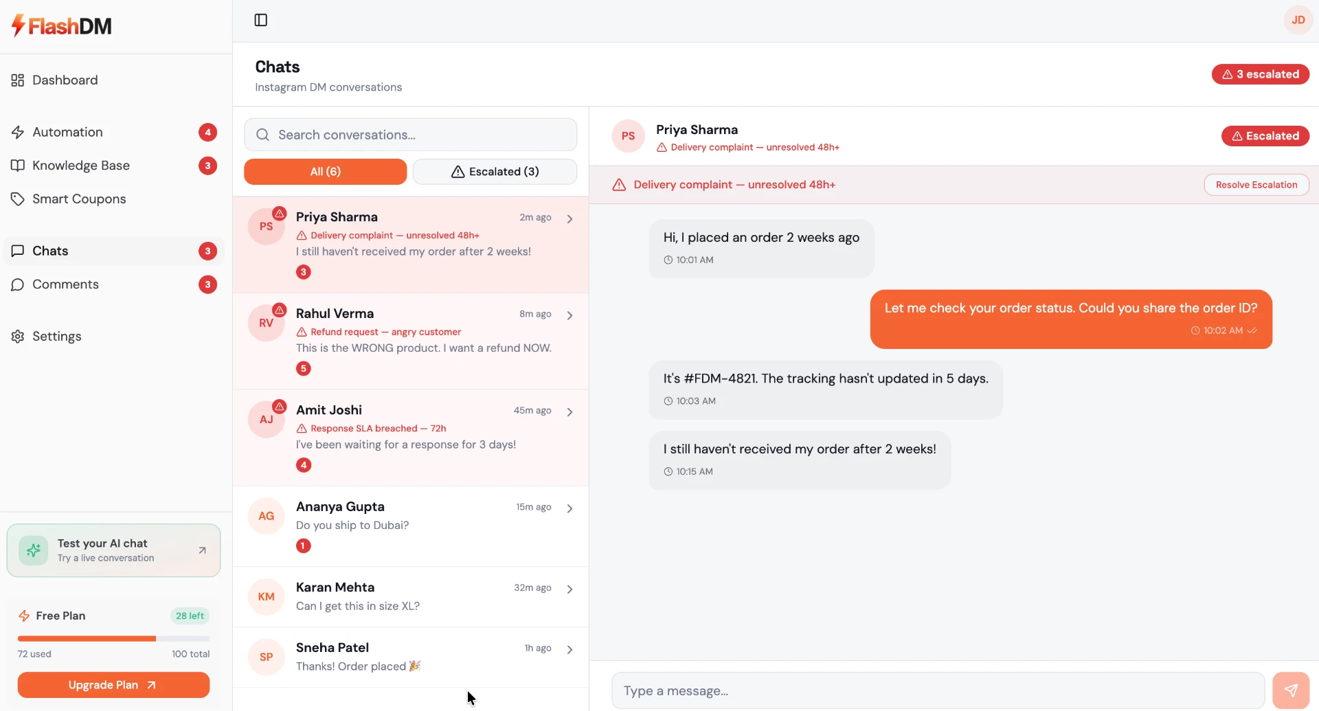 FlashDM conversation inbox showing escalated Instagram customer chats and a human response workspace