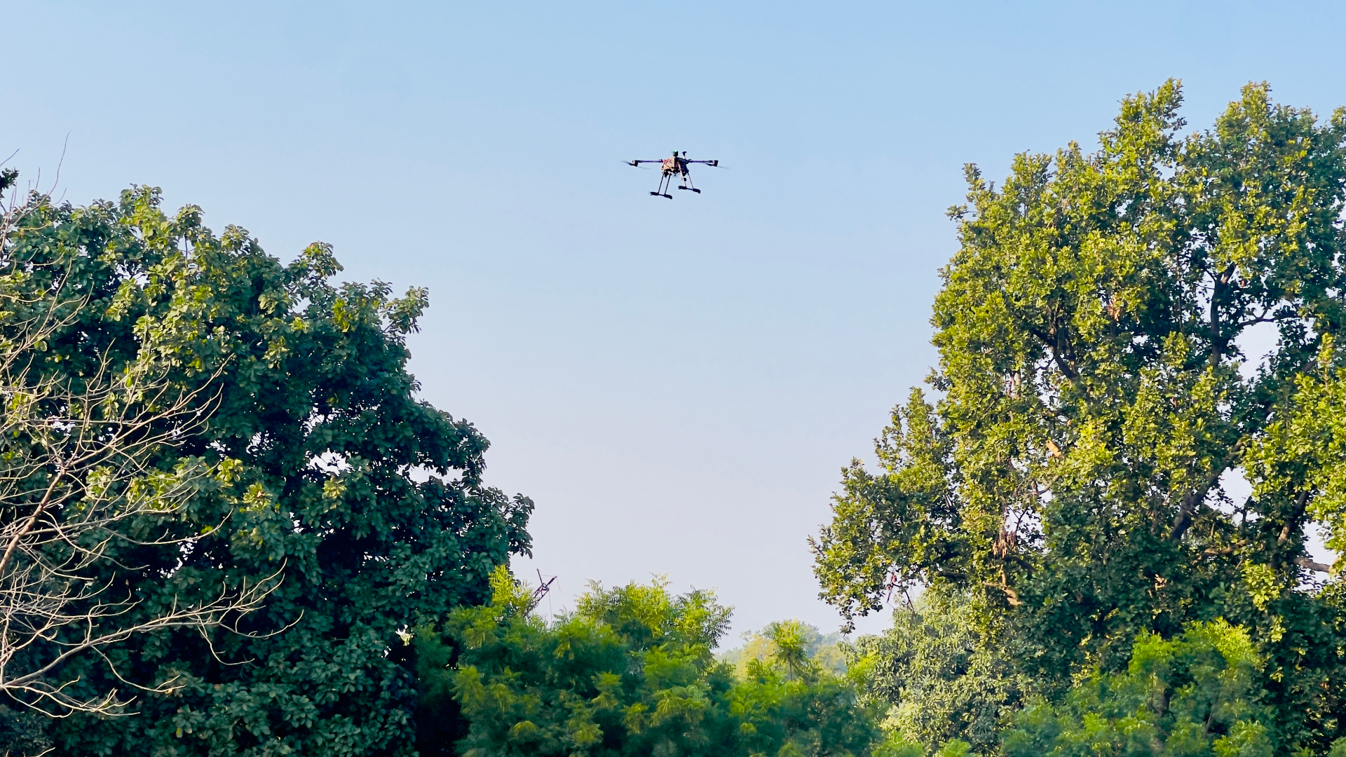 Survey drone flying above a dense Indian forest canopy