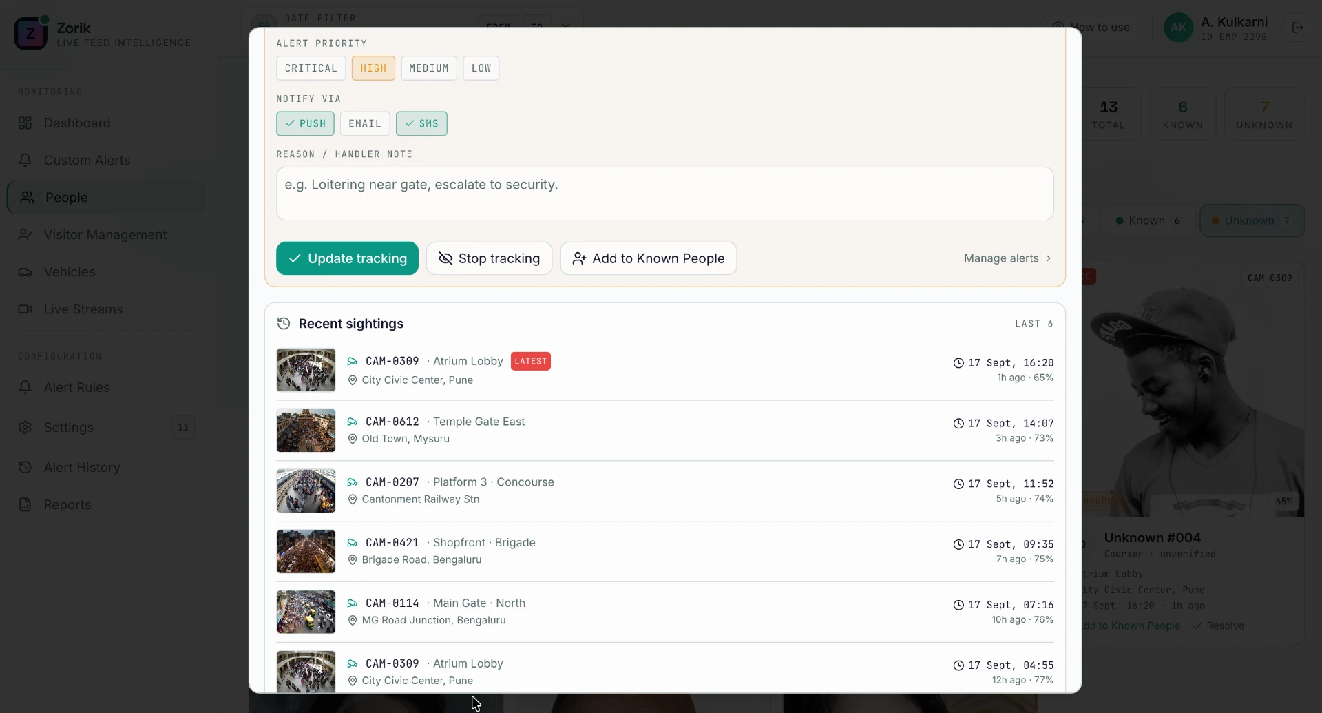 Zorik people tracking view showing alert priority, notification channels, operator notes and recent camera sightings
