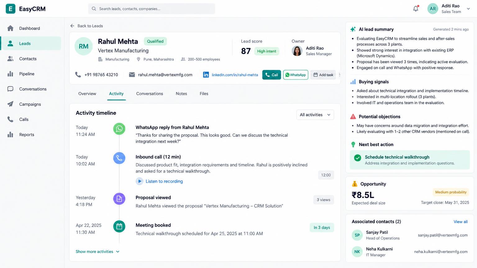 EasyCRM customer profile with activity timeline and AI lead summary