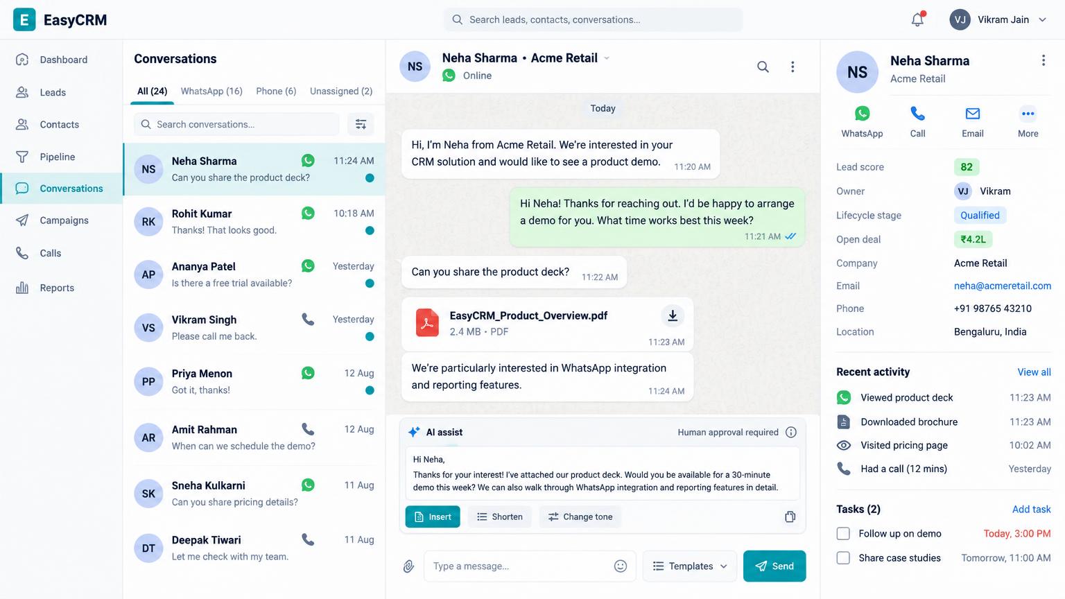 EasyCRM omnichannel inbox with WhatsApp messages and customer context
