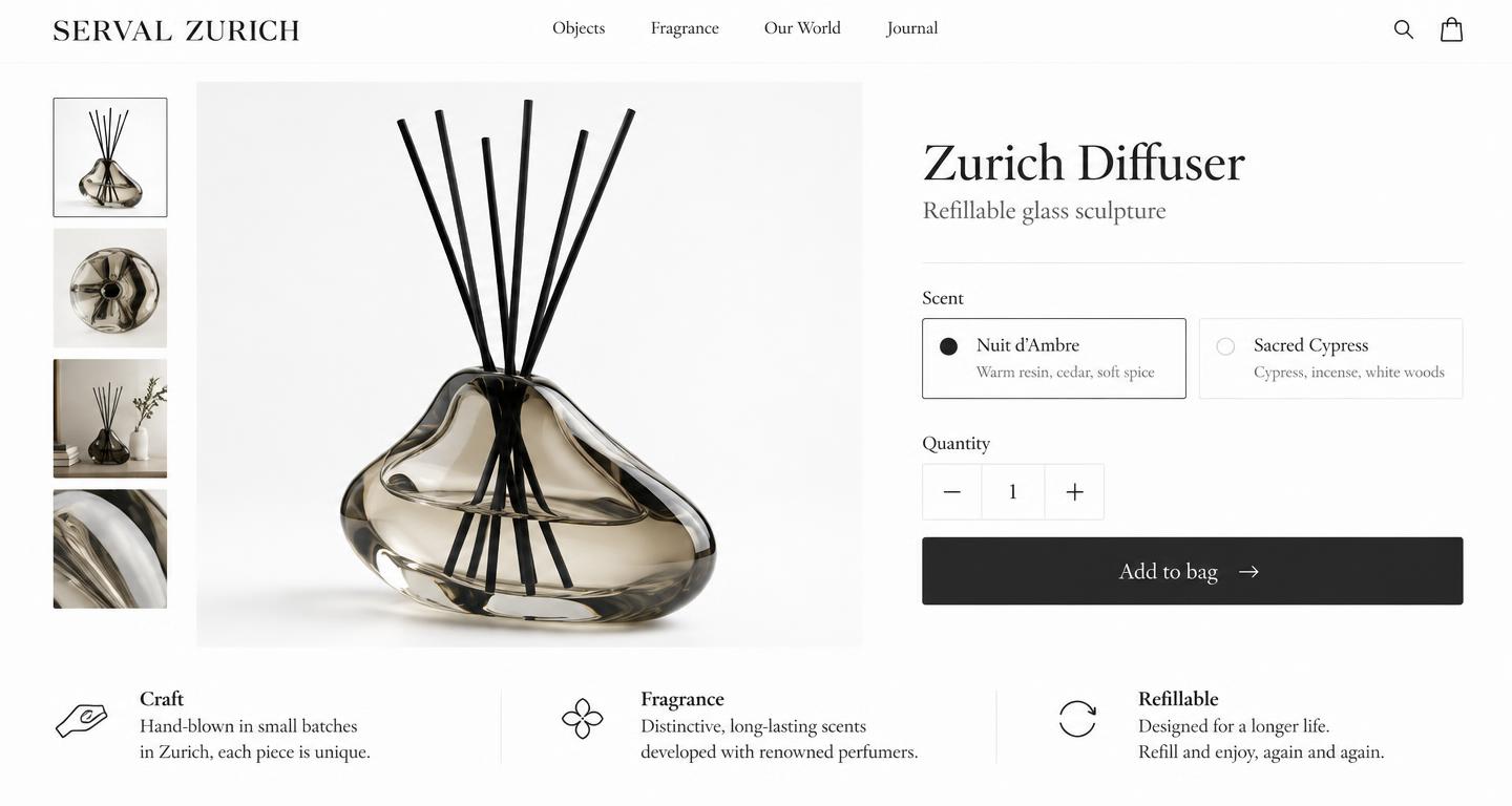 Serval Zurich product page for a refillable sculptural glass diffuser