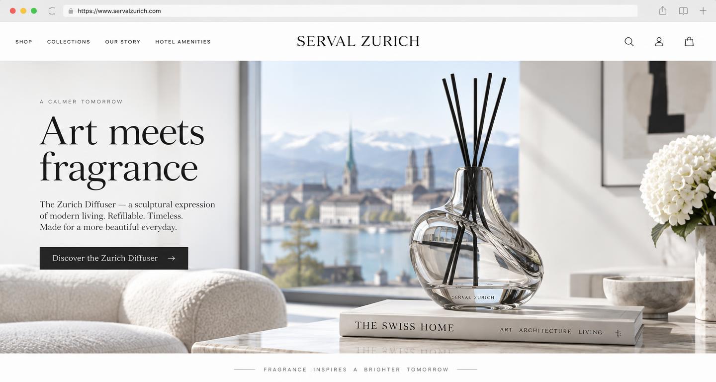 Serval Zurich luxury e-commerce storefront featuring the sculptural Zurich Diffuser